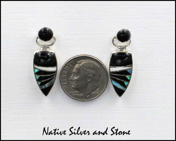Nataanii, (John Charley) - Navajo<br>1" Earrings - Dangle Post Multi-Inlay <br>Spear with Circle on Swivel Top<br>Feathercut - Onyx,<br>Magnesite, Opal, Turquoise, & <br>Sterling Silver