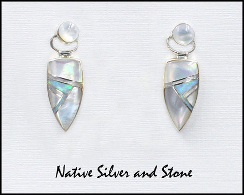 Nataanii, (John Charley) - Navajo<br>1" Earrings - Dangle Post Multi-Inlay <br>Spear with Circle on Swivel Top<br>White Mother of Pearl & Opal<br>Sterling Silver