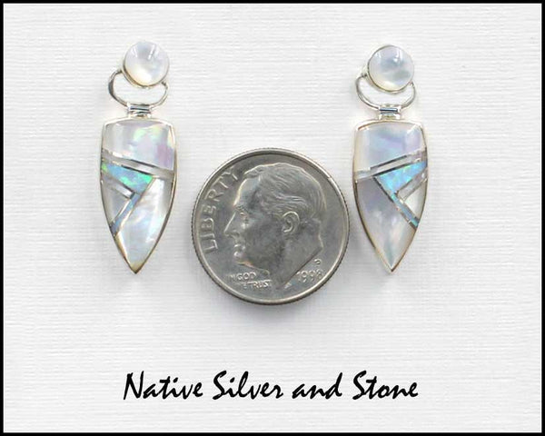Nataanii, (John Charley) - Navajo<br>1" Earrings - Dangle Post Multi-Inlay <br>Spear with Circle on Swivel Top<br>White Mother of Pearl & Opal<br>Sterling Silver