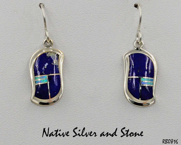 Z Nataanii - John Charley - Navajo<br>Handmade Earrings<br>French Wire Multi-Inlay <br>Freeform "S" of Lapis Lazuli & Opal