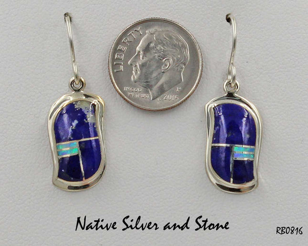 Z Nataanii - John Charley - Navajo<br>Handmade Earrings<br>French Wire Multi-Inlay <br>Freeform "S" of Lapis Lazuli & Opal