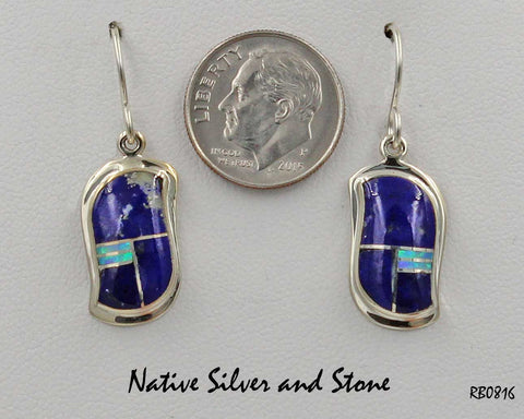 Z Nataanii - John Charley - Navajo<br>Handmade Earrings<br>French Wire Multi-Inlay <br>Freeform "S" of Lapis Lazuli & Opal