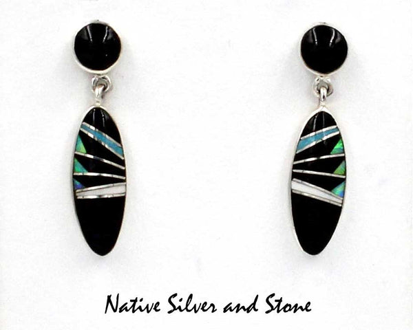 Z Nataanii - John Charley - Navajo<br>Earrings - Dangle Post Multi-Inlay <br>Oval of Onyx, Opal, & Magnesite with Onyx Dot<br>"Feathercut"