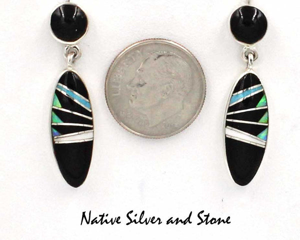 Z Nataanii - John Charley - Navajo<br>Earrings - Dangle Post Multi-Inlay <br>Oval of Onyx, Opal, & Magnesite with Onyx Dot<br>"Feathercut"