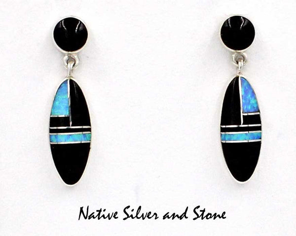 Z Nataanii - John Charley - Navajo<br>Earrings - Dangle Post Multi-Inlay <br>Oval of Onyx and Opal with Onyx Dot
