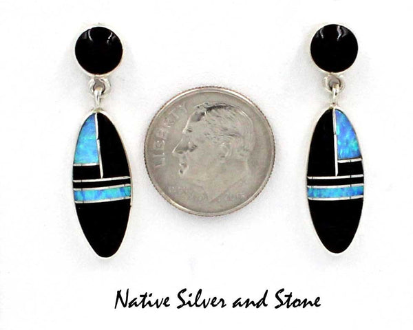 Z Nataanii - John Charley - Navajo<br>Earrings - Dangle Post Multi-Inlay <br>Oval of Onyx and Opal with Onyx Dot