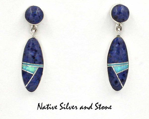 Nataanii - John Charley - Navajo<br>Earrings - Dangle Post Multi-Inlay <br>Oval of Sodalite, Turquoise, Opal with Sodalite Round Dot Top