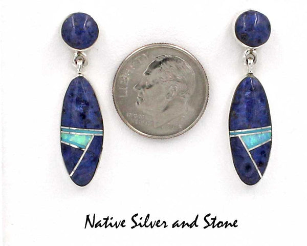 Nataanii - John Charley - Navajo<br>Earrings - Dangle Post Multi-Inlay <br>Oval of Sodalite, Turquoise, Opal with Sodalite Round Dot Top