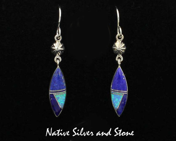 Nataanii - John Charley - Navajo<br>Handmade Earrings<br>French Wire Multi-Inlay <br>Sharp Oval of Lapis Lazuli & Opal<br>with Punch-Out Silver Accent