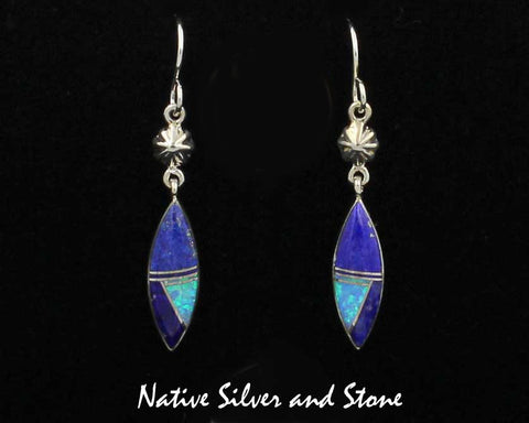 Nataanii - John Charley - Navajo<br>Handmade Earrings<br>French Wire Multi-Inlay <br>Sharp Oval of Lapis Lazuli & Opal<br>with Punch-Out Silver Accent