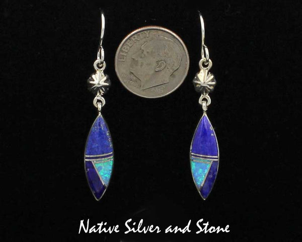 Nataanii - John Charley - Navajo<br>Handmade Earrings<br>French Wire Multi-Inlay <br>Sharp Oval of Lapis Lazuli & Opal<br>with Punch-Out Silver Accent