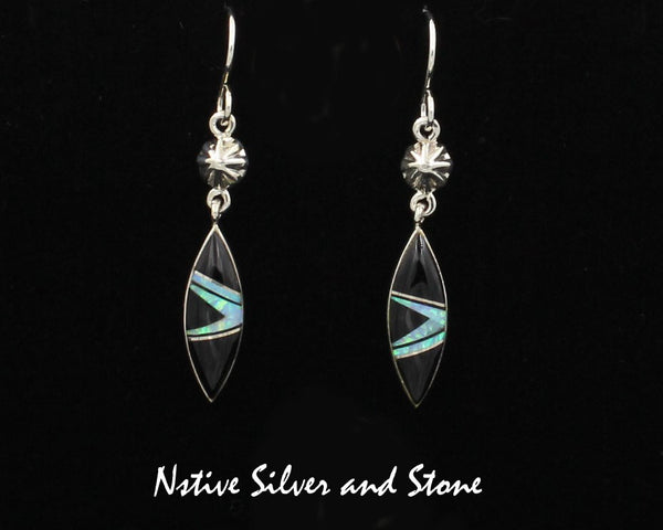 Z Nataanii - John Charley - Navajo<br>Handmade Earrings<br>French Wire Multi-Inlay <br>Sharp Oval of Onyx & Opal<br>with Punch-Out Silver Accent