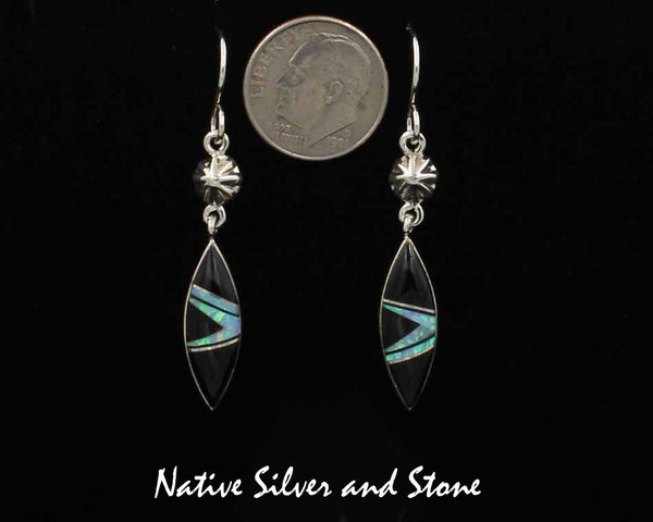 Z Nataanii - John Charley - Navajo<br>Handmade Earrings<br>French Wire Multi-Inlay <br>Sharp Oval of Onyx & Opal<br>with Punch-Out Silver Accent