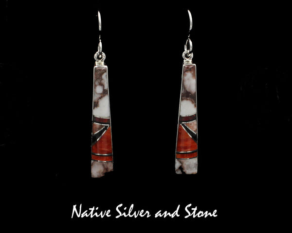 Z Nataanii - John Charley, Navajo<br>1-1/4" Earrings - Hook<br>Long Trapezoid<br>Multi-Inlay - Appaloosa/Wild Horse,<br> Red Spiny, Red Opal, and Onyx
