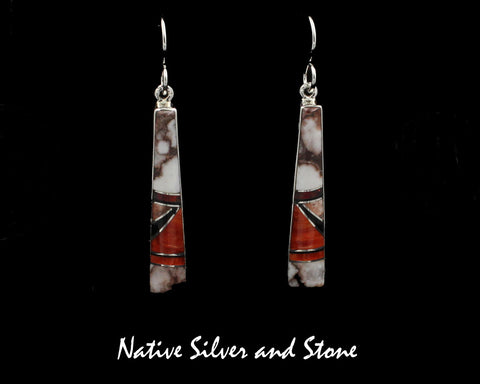 Z Nataanii - John Charley, Navajo<br>1-1/4" Earrings - Hook<br>Long Trapezoid<br>Multi-Inlay - Appaloosa/Wild Horse,<br> Red Spiny, Red Opal, and Onyx