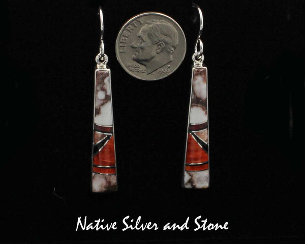 Z Nataanii - John Charley, Navajo<br>1-1/4" Earrings - Hook<br>Long Trapezoid<br>Multi-Inlay - Appaloosa/Wild Horse,<br> Red Spiny, Red Opal, and Onyx