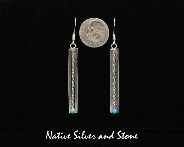 Z Navajo Jewelry<br>1-9/16" Earrings<br>Medium Long<br>Narrow Rectangles<br>Silver Rails w Center Twist<br>Turquoise Dot<br>Sterling Silver