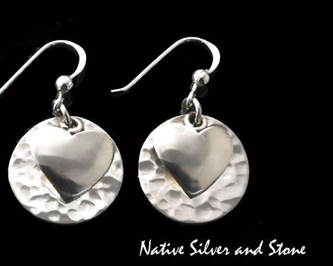 Bryant Martinez - Navajo<br>3/4" Earrings<br>Silver Heart on<br>Hammered Silver Disc<br>French Wire