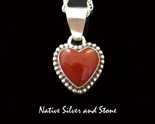 Z Native American Jewelry<br>1/2" Pendant w Chain<br>Red Carnelian Heart<br>Beaded Perimeter<br>Sterling Silver