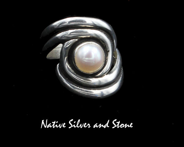 Native American Jewelry<br>7/8" Ring<br>White/Champagne Pearl<br>Swirls-Sterling Silver<br>Size 8-1/2 & 9
