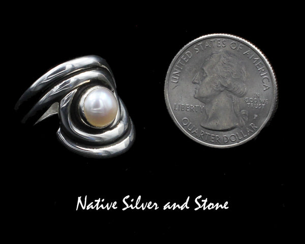 Native American Jewelry<br>7/8" Ring<br>White/Champagne Pearl<br>Swirls-Sterling Silver<br>Size 8-1/2 & 9