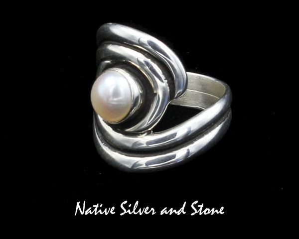 Native American Jewelry<br>7/8" Ring<br>White/Champagne Pearl<br>Swirls-Sterling Silver<br>Size 8-1/2 & 9