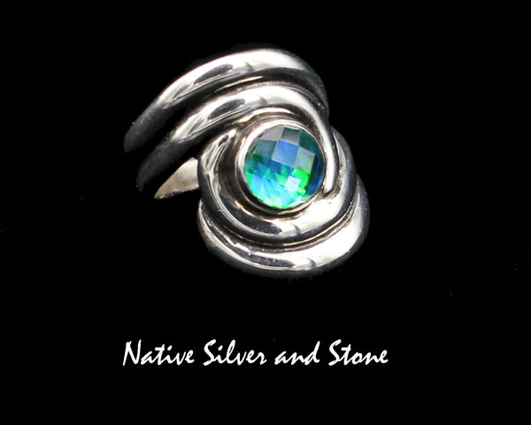 Bilagaanas Native American Jewelry<br>7/8" Ring<br>Rainbow Peridot-Faceted<br>Swirls-Sterling Silver<br>Sizes 7 & 8