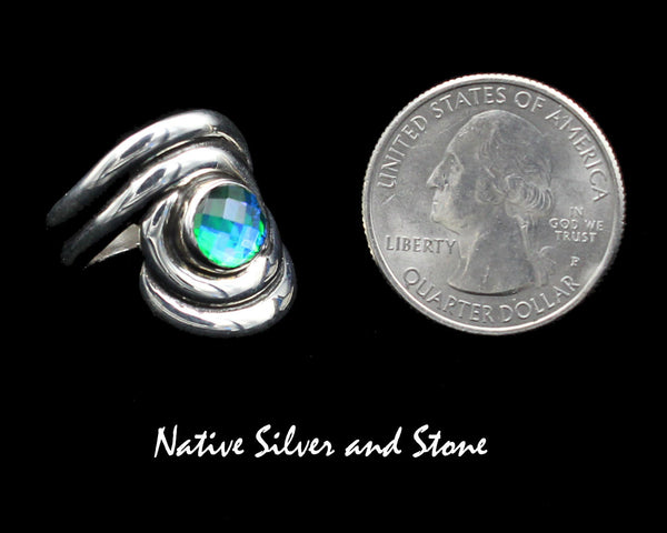 Bilagaanas Native American Jewelry<br>7/8" Ring<br>Rainbow Peridot-Faceted<br>Swirls-Sterling Silver<br>Sizes 7 & 8