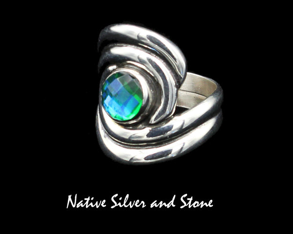 Bilagaanas Native American Jewelry<br>7/8" Ring<br>Rainbow Peridot-Faceted<br>Swirls-Sterling Silver<br>Sizes 7 & 8