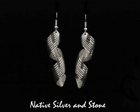 Z Rhonda Tahe - Navajo<br>2" Earrings<br>Medium Long<br>Spirals/Swirls with Stamping<br>Sterling Silver