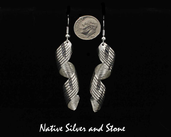 Z Rhonda Tahe - Navajo<br>2" Earrings<br>Medium Long<br>Spirals/Swirls with Stamping<br>Sterling Silver