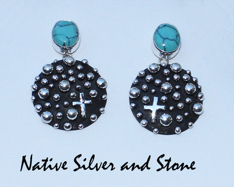 Native American Jewelry - Navajo<br>1-3/8" Earrings<br>7/8" Silver Bubbles - Round w Cross<br>Chinese Turquoise Oval<br>Dangle-Post<br>Sterling Silver