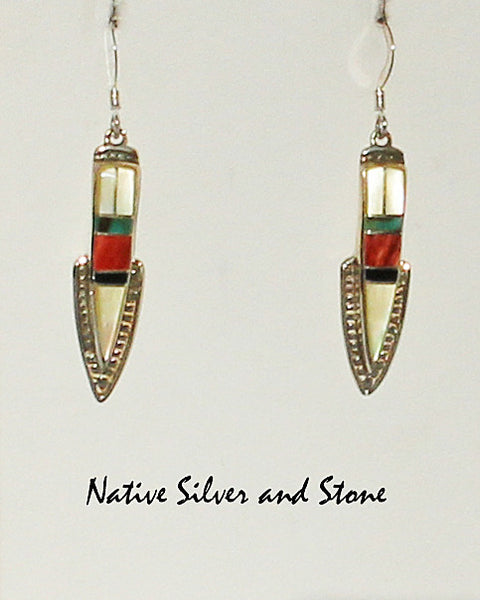 Miscellaneous Artist<br>Navajo Shop Jewelry<br>Earrings - French Wire<br>"Desert Autumn"<br>Multi-inlay Narrow Arrowheads<br>Gold Lip Mother of Pearl<br>Green Turquoise<br>Orange Spiny,  & Sierra Black Rock<br>