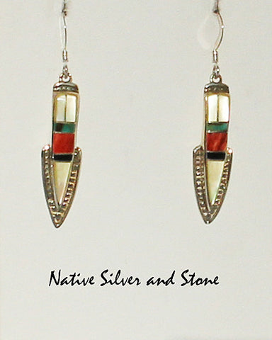 Miscellaneous Artist<br>Navajo Shop Jewelry<br>Earrings - French Wire<br>"Desert Autumn"<br>Multi-inlay Narrow Arrowheads<br>Gold Lip Mother of Pearl<br>Green Turquoise<br>Orange Spiny,  & Sierra Black Rock<br>