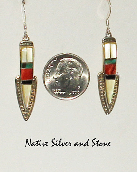 Miscellaneous Artist<br>Navajo Shop Jewelry<br>Earrings - French Wire<br>"Desert Autumn"<br>Multi-inlay Narrow Arrowheads<br>Gold Lip Mother of Pearl<br>Green Turquoise<br>Orange Spiny,  & Sierra Black Rock<br>