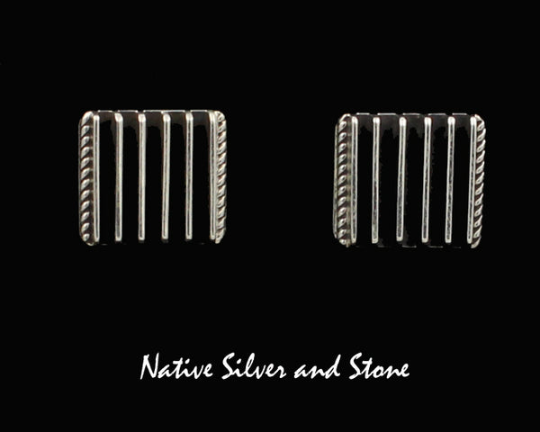 Z Karlex Yazzie - Navajo<br>1/2" Earrings <br>Linear Contrasting Rails<br>Post<br>Sterling Silver