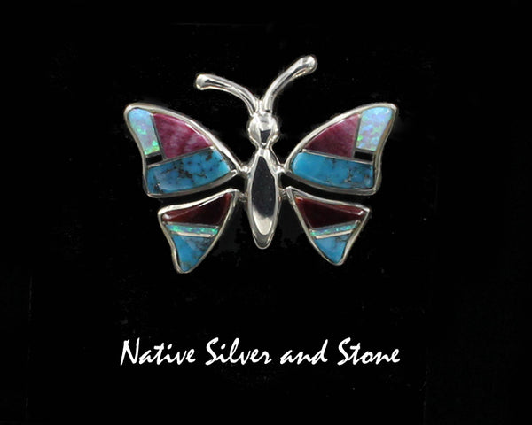 Z Navajo Jewelry<br>1" Pendant/Pin - Butterfly<br>"Purple Haze" <br>Turquoise, Purple Spiny, Opal<br>Sterling Silver