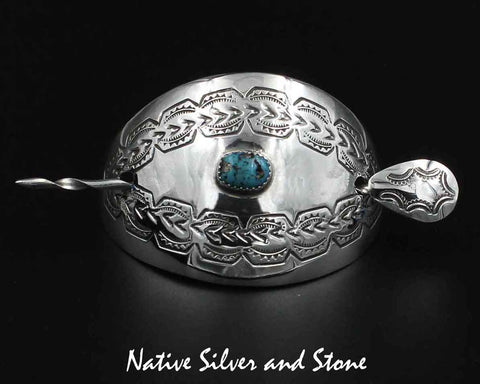 Z Miscellaneous Artist - Navajo Jewelry<br>1-1/2" Hair Barrette w Pin<br>Turquoise Oval<br>Stamped & Oxidized Sterling Silver