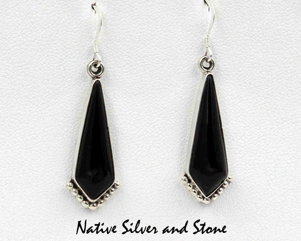 Z Miscellaneous Artist<br>Navajo Jewelry<br>Earrings - French Wire<br>Onyx Long Triangles<br>Sterling Silver Accents