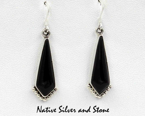 Z Miscellaneous Artist<br>Navajo Jewelry<br>Earrings - French Wire<br>Onyx Long Triangles<br>Sterling Silver Accents