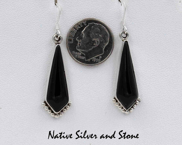 Z Miscellaneous Artist<br>Navajo Jewelry<br>Earrings - French Wire<br>Onyx Long Triangles<br>Sterling Silver Accents