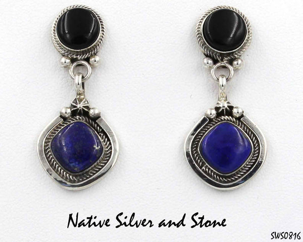 Miscellaneous Artist - "M"<br>Navajo Earrings - Dangle Post<br>Double Cabochon (Oval & Triangle)<br>Onyx & Lapis in Sterling Silver