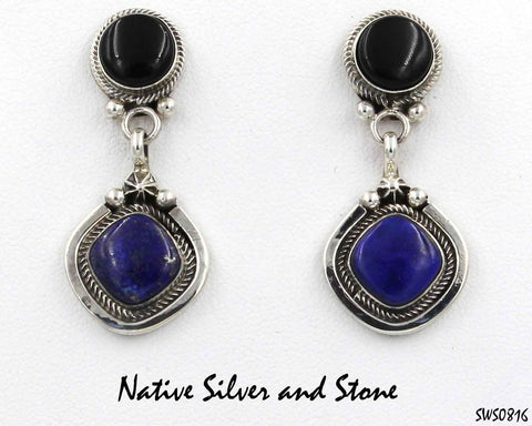 Miscellaneous Artist - "M"<br>Navajo Earrings - Dangle Post<br>Double Cabochon (Oval & Triangle)<br>Onyx & Lapis in Sterling Silver