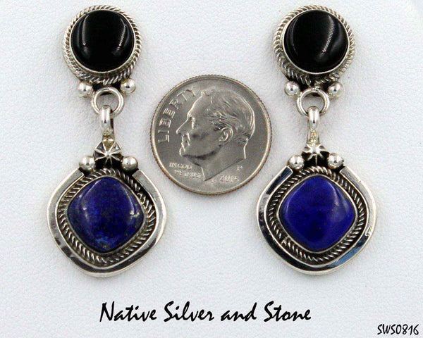Miscellaneous Artist - "M"<br>Navajo Earrings - Dangle Post<br>Double Cabochon (Oval & Triangle)<br>Onyx & Lapis in Sterling Silver