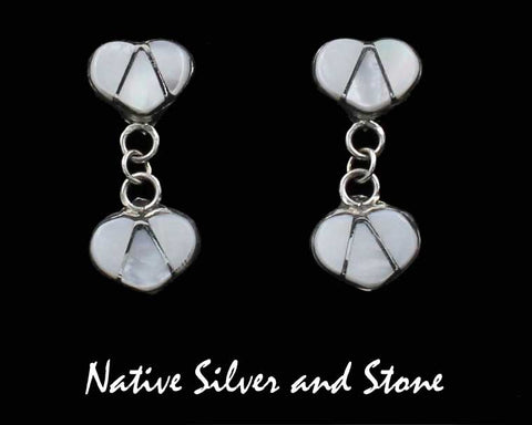 Navajo Jewelry<br>1" Earrings <br>Mother of Pearl<br>Double Hearts<br>Dangle Post<br>Sterling Silver