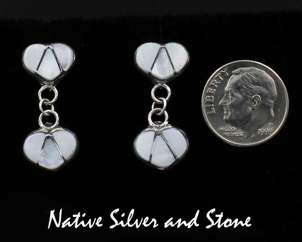 Navajo Jewelry<br>1" Earrings <br>Mother of Pearl<br>Double Hearts<br>Dangle Post<br>Sterling Silver