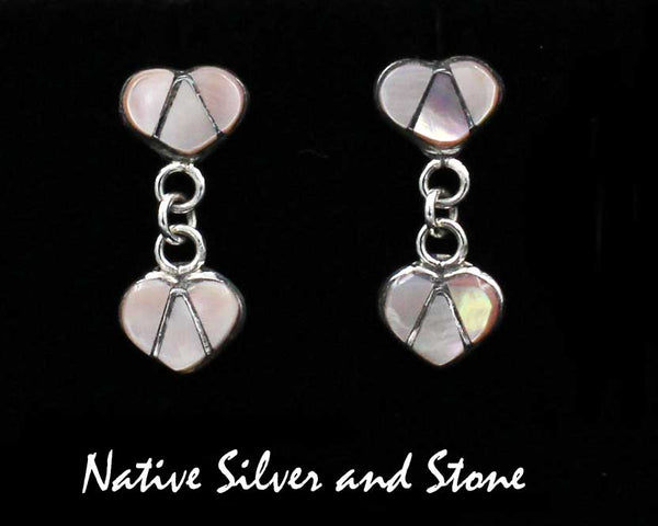 Z Navajo Jewelry<br>1" Earrings <br>Pink Mussel Shell<br>Double Hearts<br>Dangle Post<br>Sterling Silver