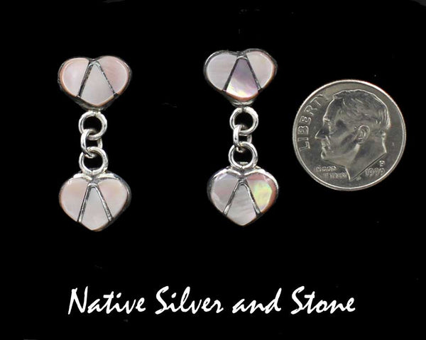 Z Navajo Jewelry<br>1" Earrings <br>Pink Mussel Shell<br>Double Hearts<br>Dangle Post<br>Sterling Silver