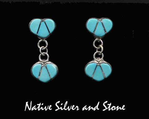 Navajo Jewelry<br>1" Earrings <br>Turquoise<br>Double Hearts<br>Dangle Post<br>Sterling Silver