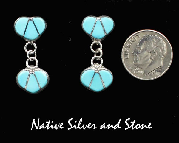 Navajo Jewelry<br>1" Earrings <br>Turquoise<br>Double Hearts<br>Dangle Post<br>Sterling Silver